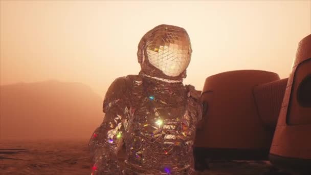 Kosmický Koncept Diamantový Astronaut Kráčí Marsu Pozadí Vesmírné Základny Animace — Stock video
