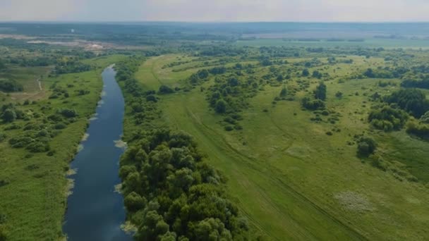 Κάτοψη Των Πράσινων Αγρών Λόφων Δέντρων Και Κοίτης Του Ποταμού — Αρχείο Βίντεο