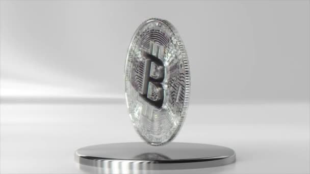 Cryptocurrency Mining Concept Diamond Bitcoin Rotates Metal Platform Coin Animation — Stock Video