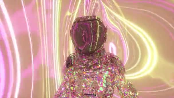 Elmas Takım Elbiseli Bir Astronot Pembe Sarı Neon Çizgilerin Arkaplanına — Stok video