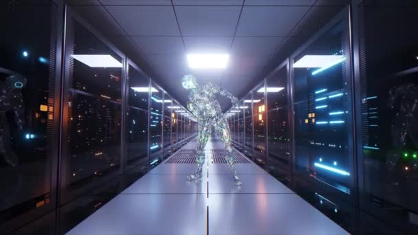 钻石机器人在服务器室的后面跳舞 舞蹈家 数据的存储和传输 霓虹灯 3D动画无缝循环 高质量的4K镜头 — 图库视频影像