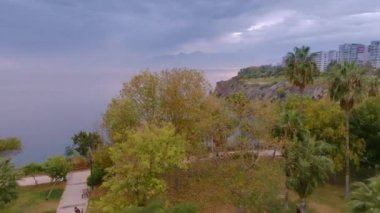 İHA video 4K görüntüsü. Sahil şeridi boyunca palmiyelerin üzerinden uçun. Manzara. Tatilde. Sahildeki oteller. Yüksek kalite 4k görüntü