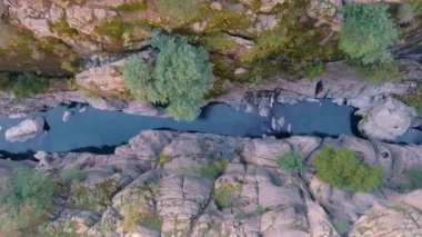 Kanyondaki bir dağ nehrinin insansız hava aracı görüntüleri. Yüksek gri kayalar. Dar alan. Yeşil ağaçlar ve çimenler kayalıklarda yetişir. Yüksek kalite 4k görüntü