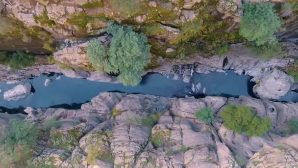峡谷里的一条山河的无人机画面 高灰岩 狭小的空间 岩石上长着绿树和青草 高质量的4K镜头 — 图库视频影像