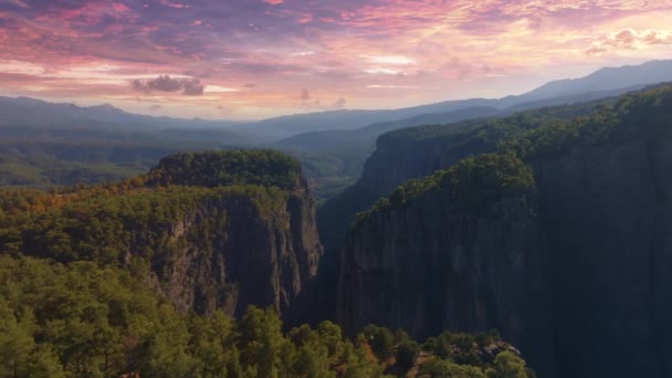 一架无人驾驶飞机在高山地区的高山悬崖峭壁上空迎着日落的天空飞行时的空中镜头 树的顶部 高质量的4K镜头 — 图库视频影像