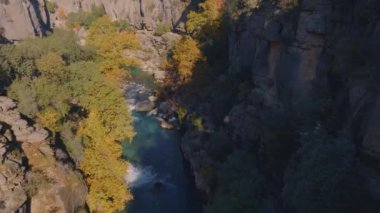 Turkuaz dağ nehrinin en üst manzarası. Kayalık kıyılar. İHA video görüntüleri. Yeşil ağaçlar ve kayalıklardaki çalılar. Yüksek kalite 4k görüntü