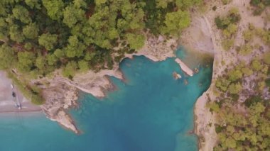 Güzel deniz manzarası. Kıyı şeridinde yeşil ağaçlar. Rocky Sahili. Mavi su. Bir İHA 'nın hava görüntüsü. Yukarıdan bak. Yüksek kalite 4k görüntü