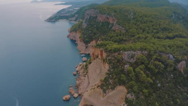 Güzel Deniz Manzarası Hava Aracı Video Görüntüleri Yeşil Ağaçlarla Kaplı — Stok video