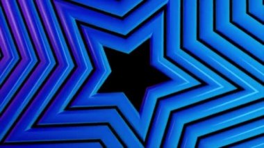 İzole edilmiş siyah bir zemin üzerinde yıldız şekillerinin arka planının pürüzsüz dönüşü. Mavi renk. Kusursuz bir döngünün 3d animasyonu