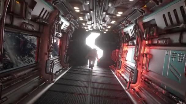 宇宙飛行士は宇宙船で脱出する 門を開くと明るい光 素晴らしい宇宙の概念 3Dアニメーション — ストック動画