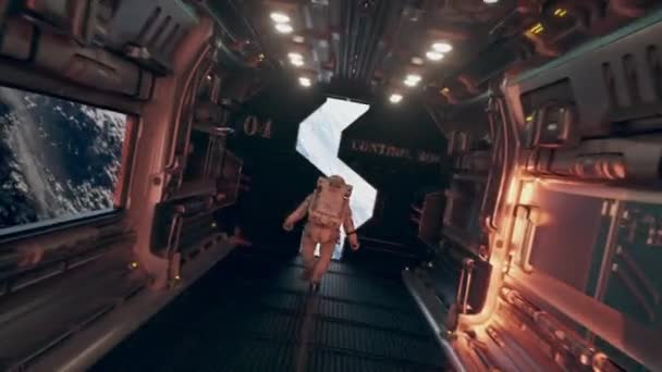 Astronautul Scapă Navă Spaţială Deschiderea Porții Vedere Spre Planeta Pământ — Videoclip de stoc
