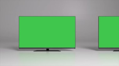Green background. TV screens with chrome key. Infinite scroll left. Empty space to insert. 3d animation. High quality 4k footage