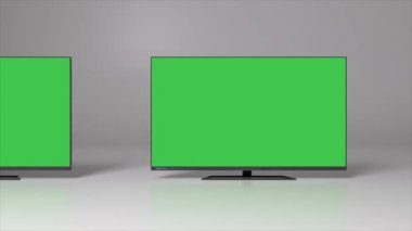 TV screens with chromekey. Infinite scroll right. Green background. Empty space to insert. 3d animation of seamless loop. High quality 4k footage