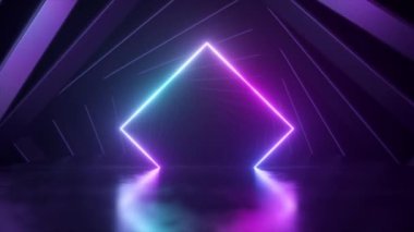 Blue neon rhombus on a smooth surface. Reflection. Tunnel. Large rhombuses revolve around. 3d animation of a seamless loop. High quality 4k footage