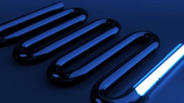 The blue curved pipe is painted in metallic silver color. Chemical reaction. Scientific experiment. Metal. Blue background. 3d animation. High quality 4k footage