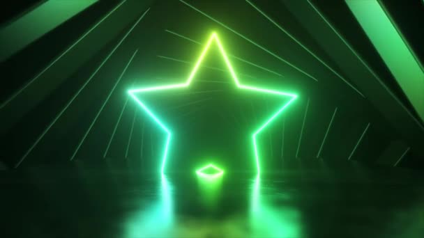 Green Neon Star Surrounded Rotating Squares Tunnel Scene Disco Animation — Stockvideo