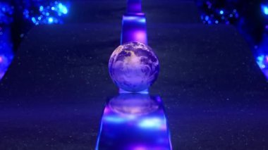 Ball rolls down. Planet Earth. Metal trampoline. Blue neon color. Dark curved path. Abstract background. Space. Reflection. High quality 4k footage