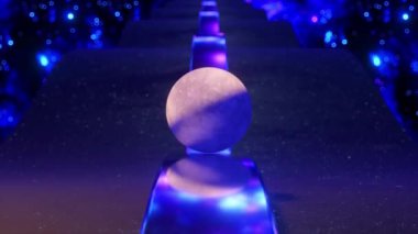 The ball looks like the moon rolls on a metal mirror track. Dark road. Space background. Blue neon color. 3d animation of a seamless loop. High quality 4k footage