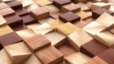 Dark and light wooden square parts of the mosaic randomly rise and fall down. Dynamic geometric objects. Moving steps. Wave. High quality 4k footage