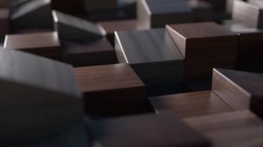Abstract concept. Rectangular figures made of smooth dark wood move dynamically in random order. 3d animation. High quality 4k footage