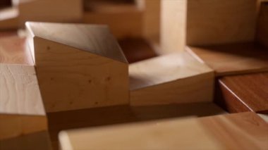 Abstract concept. Wooden rectangular shapes move up and down. Wooden block. Mosaic. 3d animation. High quality 4k footage