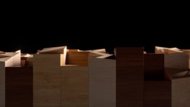 Dark and light wooden polished bars rise and fall. Dark Background. Abstract concept. 3d animation. High quality 4k footage