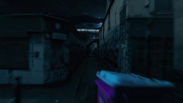 Rushing Back Dark Alley Night City Video Game Graffiti Walls — Video