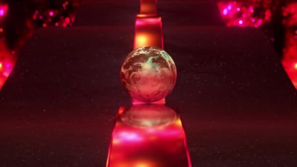 Ball Rolls Planet Mars Metal Trampoline Red Neon Color Dark — Vídeo de stock