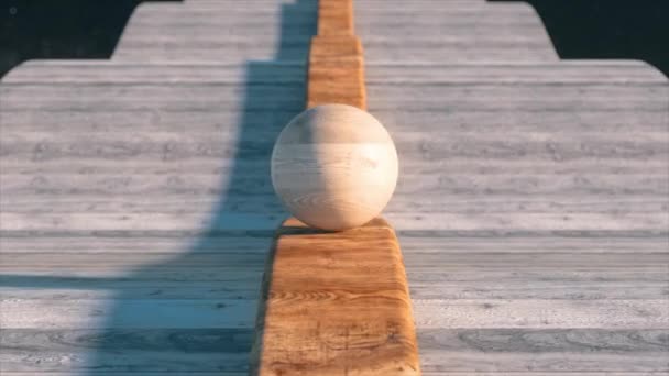 Marble Ball Rolls Wooden Track Planet Jupiter Wooden Flooring Dark — Stockvideo