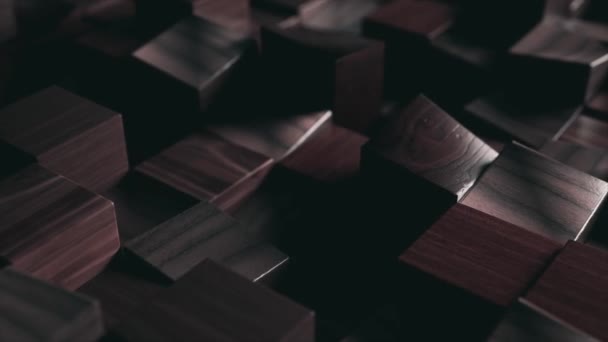 Wooden Cube Figures Move Abstraction Dark Wood Chaotic Movement Straight — Vídeo de Stock
