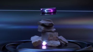 Technological concept. The laptop flies and rotates over the stone figure. Neon ball. Blue abstract background. High quality 4k footage