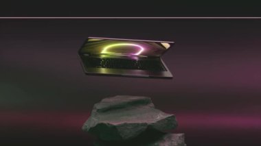 A flying laptop rotates over a pile of rocks. Pink dark color. Opens and closes. Neon splash screen. 3d animation. High quality 4k footage