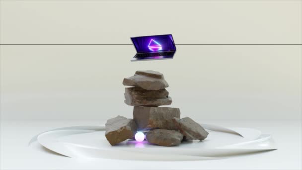 Abstract Concept Laptop Rotates Motionless Stone Mountain White Ring Mountain — Video