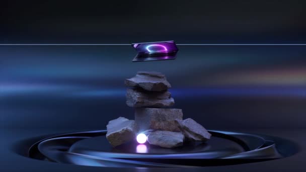 Modern Laptop Hovers Rotates Stone Mountain Neon Sphere Dark Blue — Stockvideo
