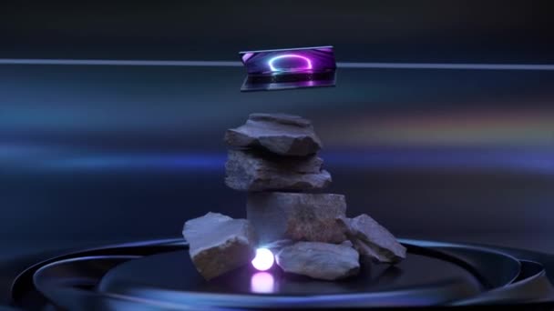 Technological Concept Laptop Flies Rotates Stone Figure Neon Ball Blue — Stok video