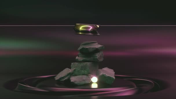 Flying Laptop Rotates Pile Rocks Pink Dark Color Opens Closes — Stockvideo
