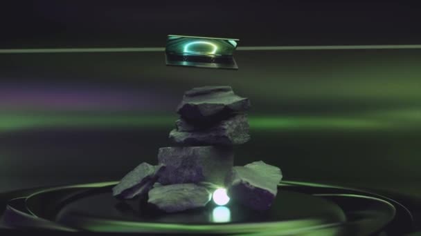 一台现代笔记本电脑在一座石山上盘旋和旋转 尼昂球体绿色 技术概念 3D动画 高质量的4K镜头 — 图库视频影像