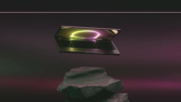 Flying Laptop Rotates Pile Rocks Pink Dark Color Opens Closes — Vídeos de Stock