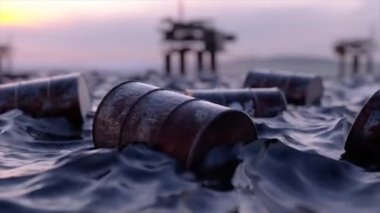 Oil concept. Embargo. Empty oil barrels float in a sea of oil against the backdrop of oil rigs. Ecological catastrophy. High quality 4k footage 