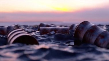Oil pollution of nature by man. Embargo. Empty oil barrels float in a sea of oil. Sunset. 3d animation of seamless loop. High quality 4k footage