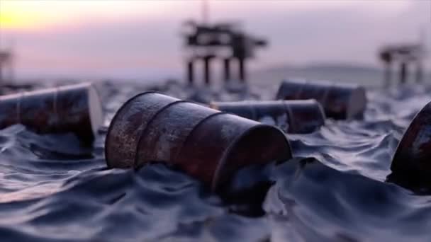 Oil Concept Embargo Empty Oil Barrels Float Sea Oil Backdrop — Stockvideo