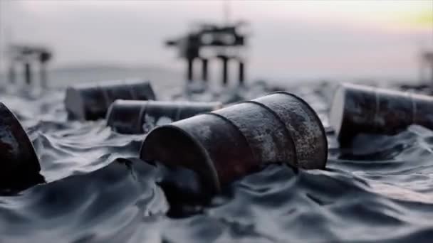 Концепция Масла Пустые Нефтяные Баррели Плавают Поверхности Нефтяного Моря Токсичные — стоковое видео