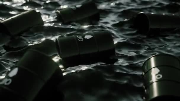 Concept Oil Embargo Empty Oil Barrels Float Sea Oil Environmental — Stok video