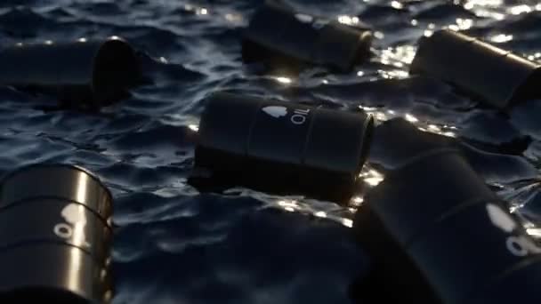 Concept Oil Embargo Empty Oil Barrels Float Sea Oil Environmental — Wideo stockowe