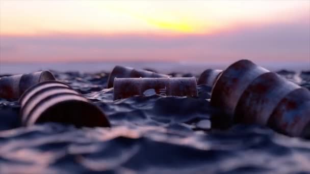 Нефтяное Загрязнение Природы Человеком Эмбарго Пустые Нефтяные Бочки Плавают Море — стоковое видео