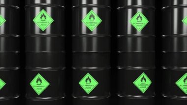 Barrels with biological toxic substances stand next to each other. Warehouse of dangerous combustible materials. Environmental pollution. 3d animation. High quality 4k footage