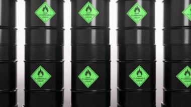 Black barrels of biological agents. Endless tape. Stock. Flammable toxic waste. Pollution. 3d animation. High quality 4k footage