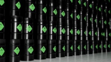 Barrels with biological toxic substances stand next to each other. Warehouse of dangerous combustible materials. Environmental pollution. 3d animation. High quality 4k footage