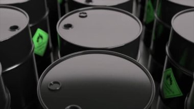 A large number of open barrels of flammable biological nuclear waste. Life threatening. Toxicity. 3d animation of seamless loop. High quality 4k footage