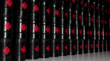 Rows of black metal barrels with oil. Warehouse of toxic materials. Life threatening. 3d animation of seamless loop. High quality 4k footage